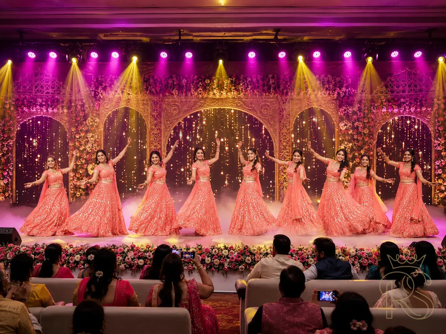 Indian wedding sangeet choreographed dance performance — a group of eight bridesmaids in matching coral lehengas performing a synchronised Bollywood dance on a decorated stage, professional stage lighting with magenta and gold spotlights, wide angle shot capturing the full formation, bride's family watching from seats below, fog effects at stage floor, professional wedding entertainment photography, high energy, vibrant colours