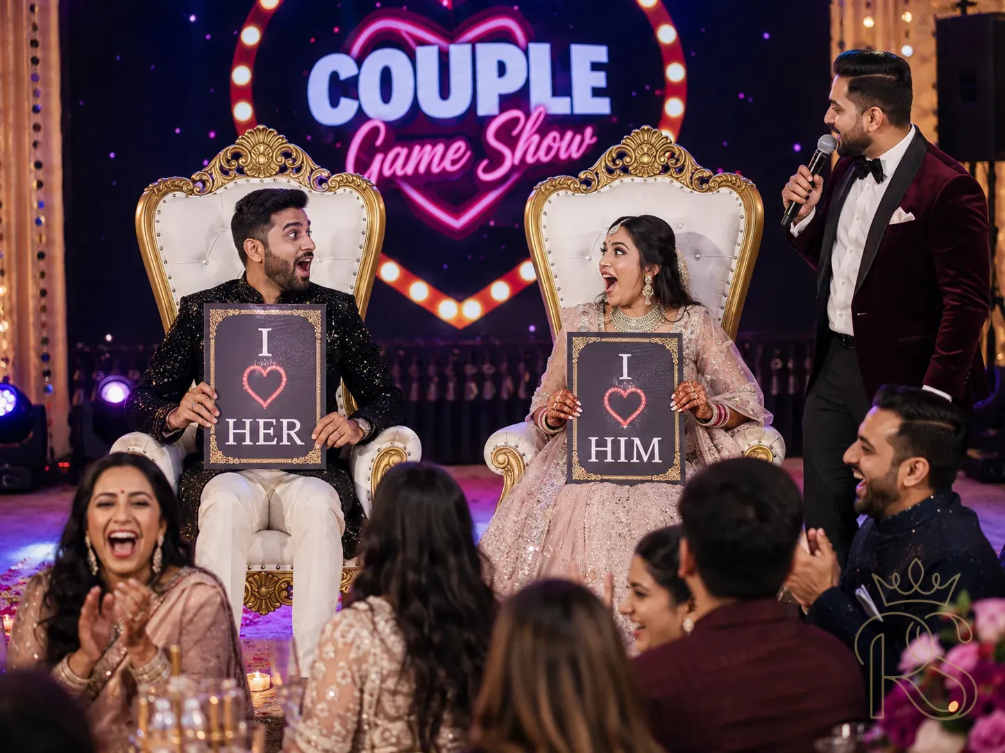 Indian wedding sangeet couple game show moment — bride and groom seated on decorated thrones on stage holding large answer boards, emcee with microphone standing to the side, both faces showing exaggerated surprise expressions, guests at tables laughing and clapping, colourful game show-style stage lighting, warm wedding venue background, candid wedding photography, joyful and playful atmosphere