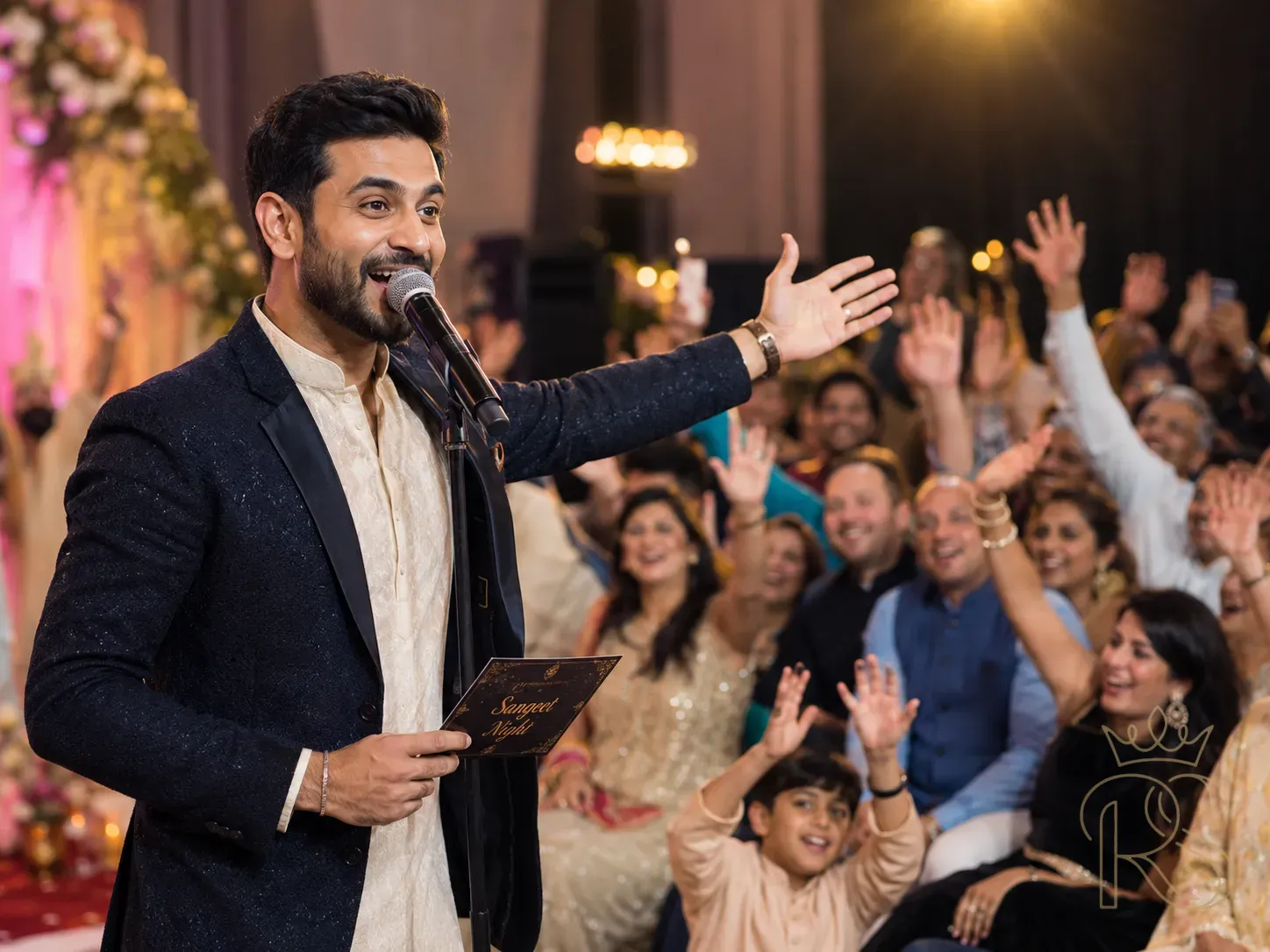 Indian wedding sangeet emcee engaging the crowd — a charismatic host in a fitted blazer over a kurta standing at a microphone, arm extended toward the audience, guests raising hands in response, mix of ages and ethnicities visible in crowd, warm stage lighting, energetic atmosphere, wedding entertainment, editorial photography, mid-shot