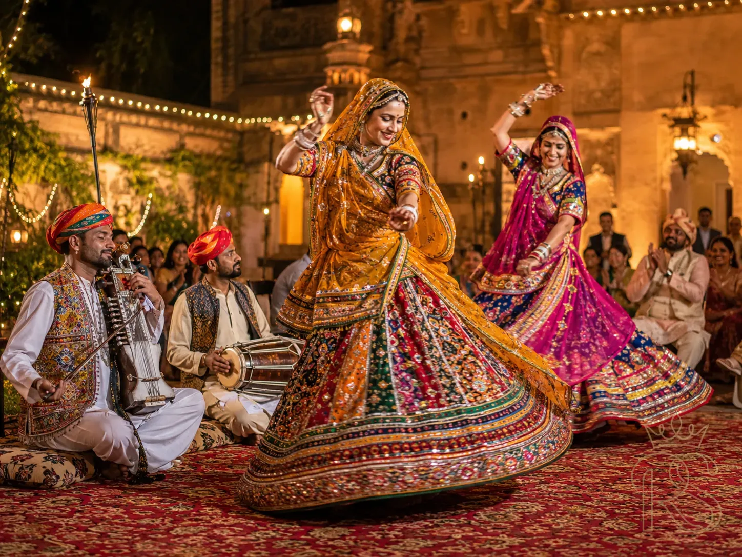 Traditional Indian folk music ensemble at a sangeet — two women in Rajasthani ghaghra choli performing a ghoomar dance while a male musician plays sarangi, a second plays dholak, warm torch lighting and string lights, outdoor evening setting at a heritage haveli, wedding guests clapping in the background, cultural wedding entertainment, editorial photography, golden warm light