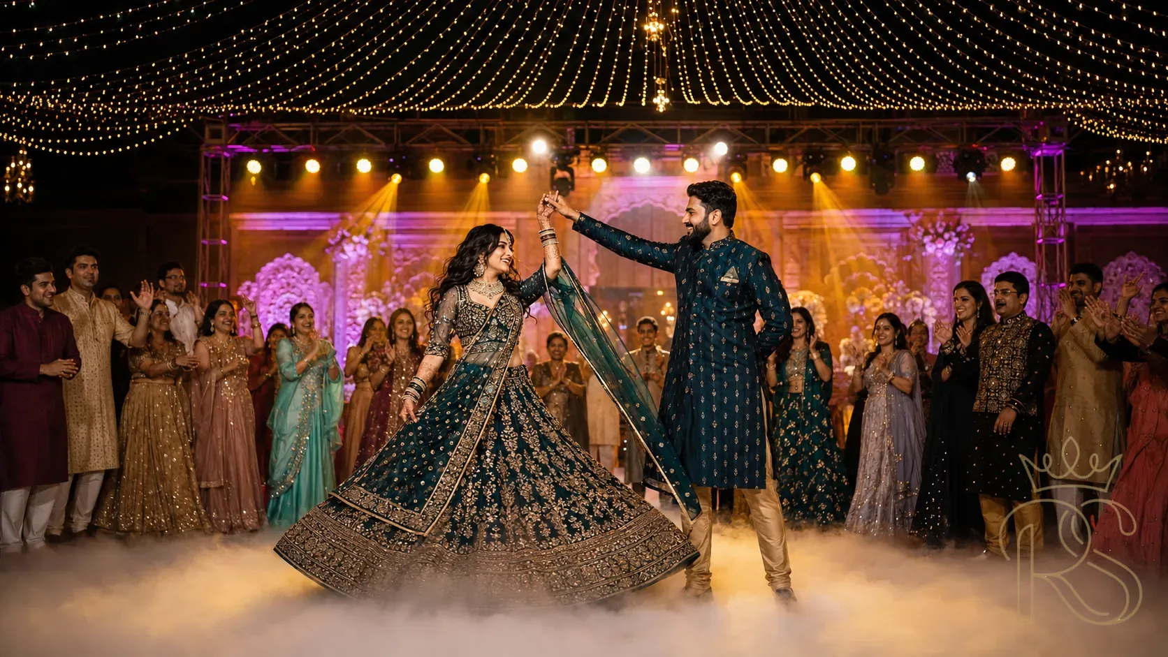 Indian wedding sangeet night — bride and groom dancing on stage under golden spotlights and fairy lights, guests in ethnic wear celebrating around them