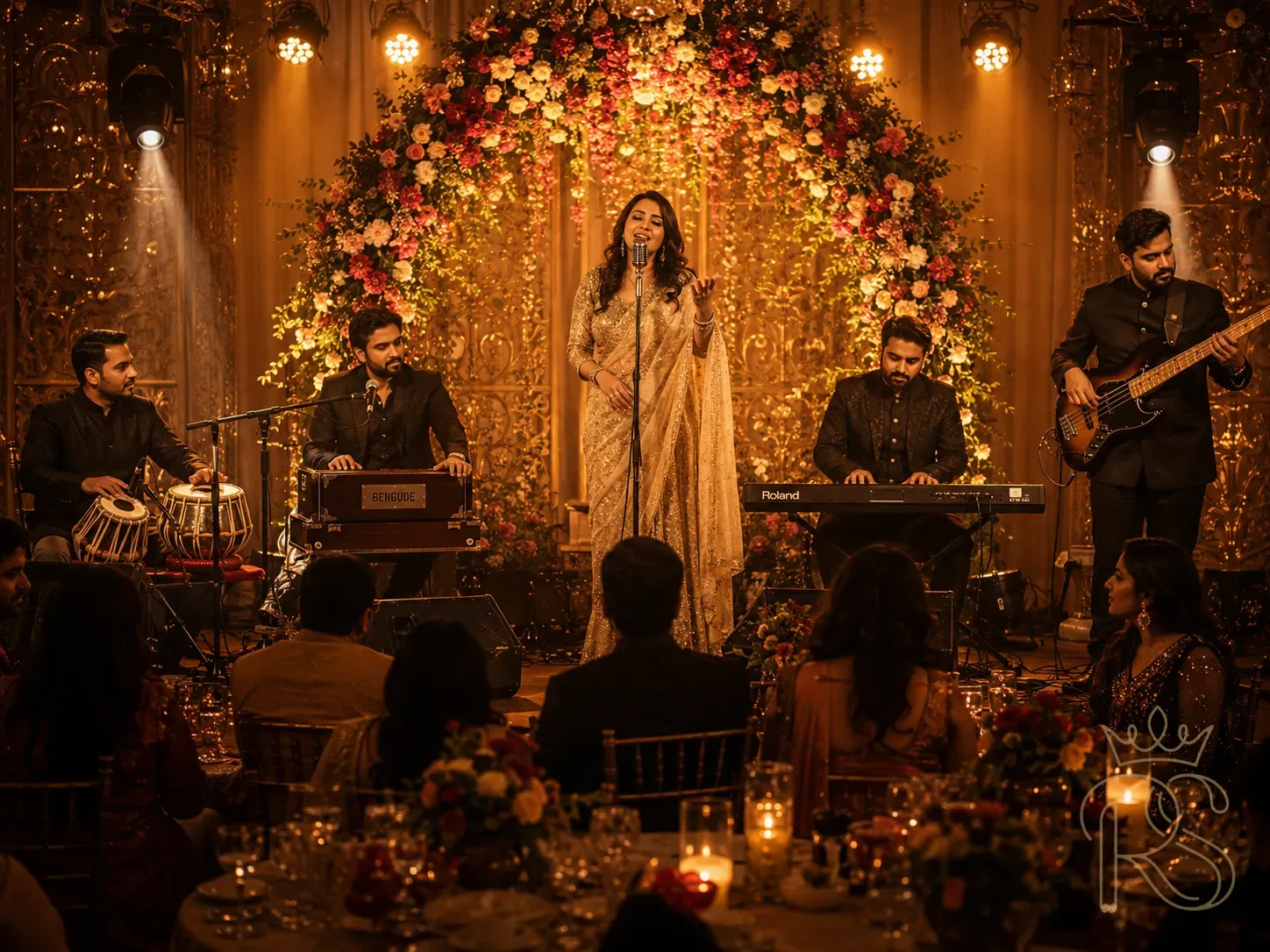 Live Bollywood wedding band performing at an Indian sangeet — a five-piece band on stage with tabla, harmonium, keyboard, bass guitar, and a female singer in a gold saree at a vintage microphone, warm amber stage lighting with spotlights, traditional floral arch backdrop, guests seated at round tables visible in the foreground, candlelight ambience, intimate wedding venue, editorial wedding photography, warm tones