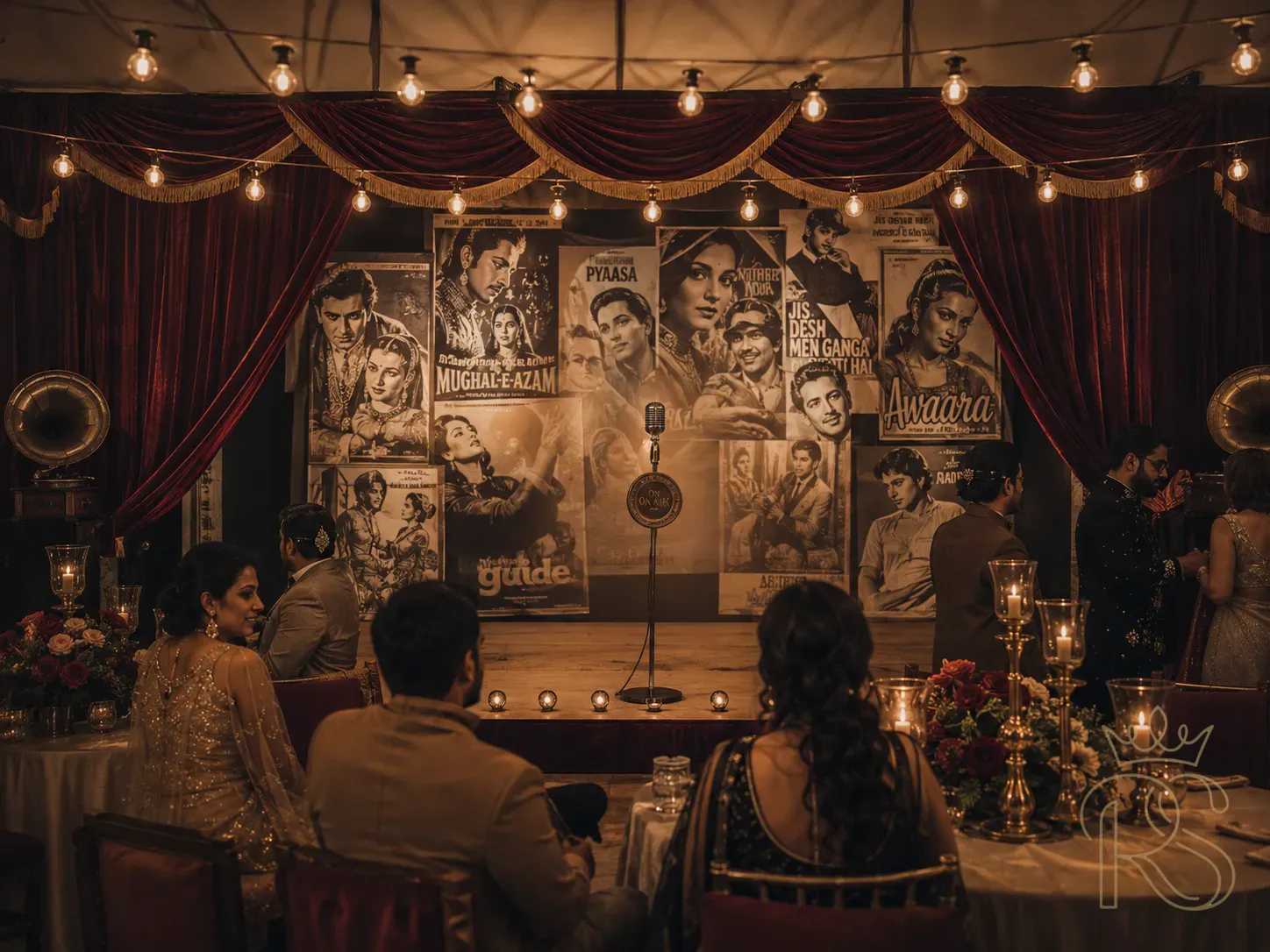 Indian wedding sangeet stage decorated in Old Bollywood 1960s theme — black and white framed film poster prints as backdrop, vintage microphone stand at centre stage, deep red velvet curtains with gold fringe, round tables with white linen and brass candlesticks, warm amber Edison bulb string lights, guests in retro-inspired Indian outfits, wedding photography, moody cinematic tones, editorial quality