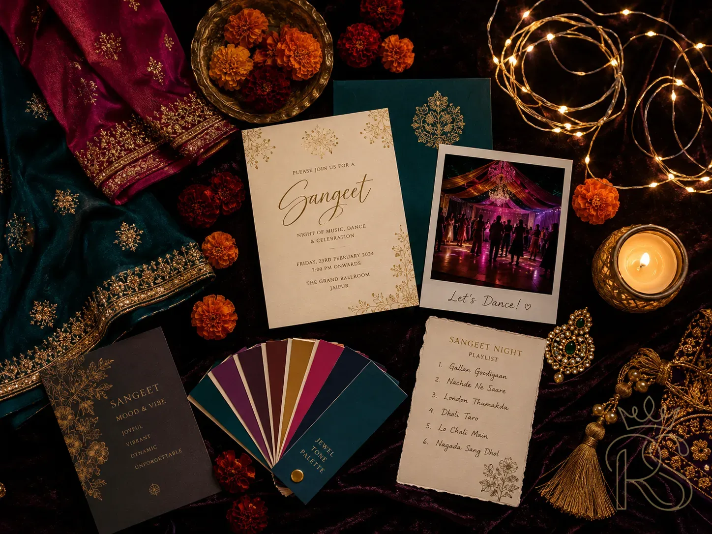 Indian wedding sangeet night mood board flat-lay — swatch of deep jewel-toned fabrics (teal, magenta, gold), small printed invitation card with 'Sangeet' in calligraphy, dried marigold flowers, a Polaroid photo of a dance floor, fairy lights coiled on dark velvet surface, colour palette chips in jewel tones, editorial flat-lay photography, warm candlelight, top-down angle, luxury wedding planning aesthetic, dark background