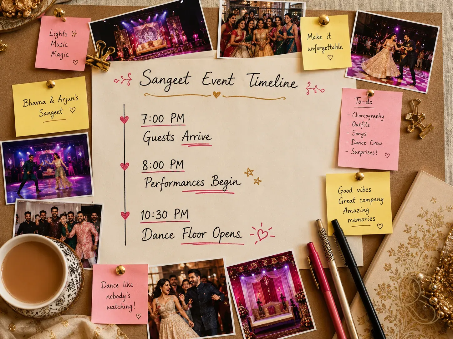Indian wedding sangeet event timeline written on a large paper timeline pinned on a mood board — handwritten entries with times: 7:00 PM Guests Arrive, 8:00 PM Performances Begin, 10:30 PM Dance Floor Opens — surrounded by sticky notes, small printed photos of past sangeet moments, a cup of chai, coloured pens, gold clips — editorial flat-lay photography, top-down angle, warm lighting, wedding planning aesthetic, no digital devices visible