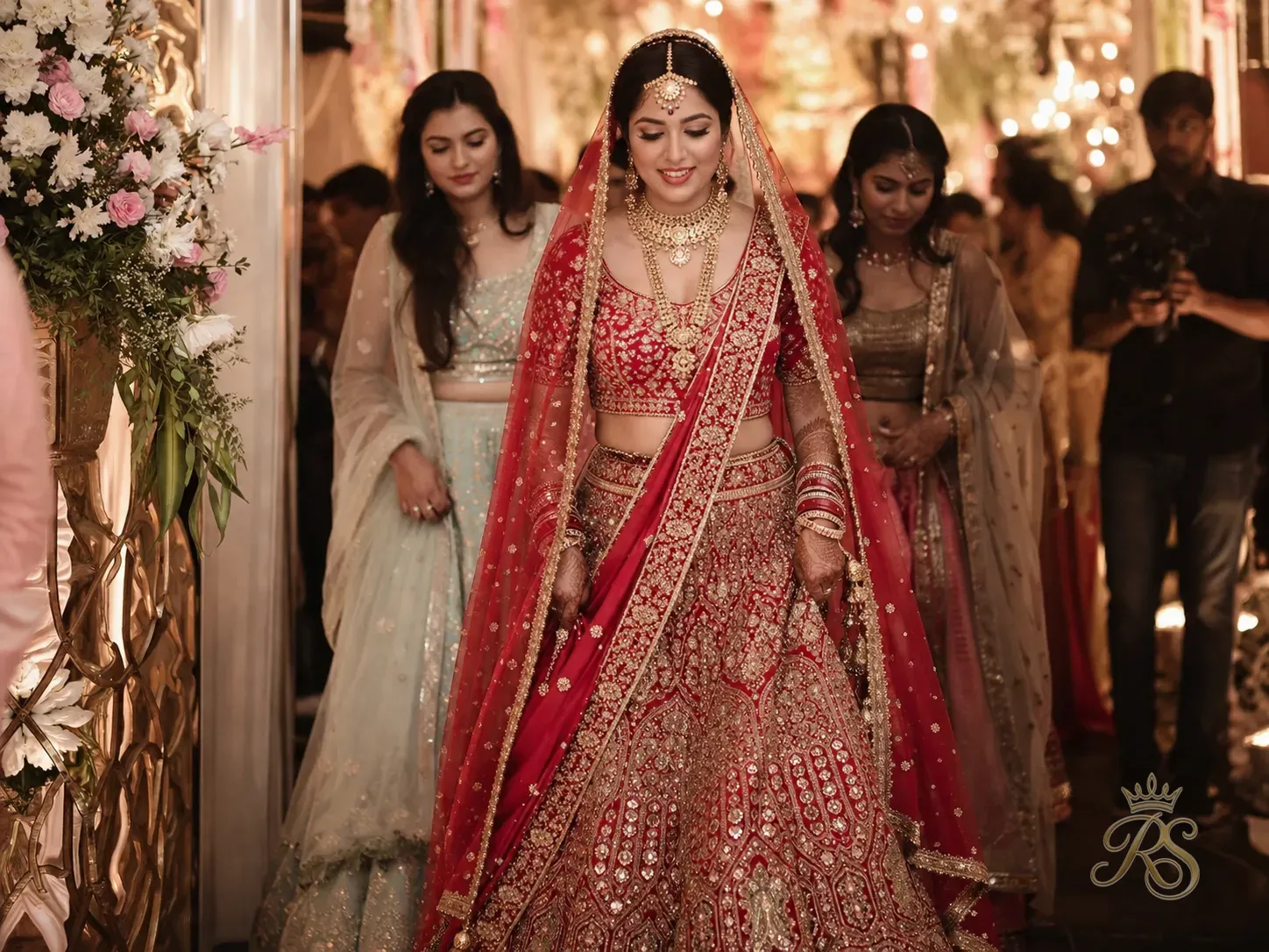 Indian bride in detailed embroidered lehenga walking through wedding venue