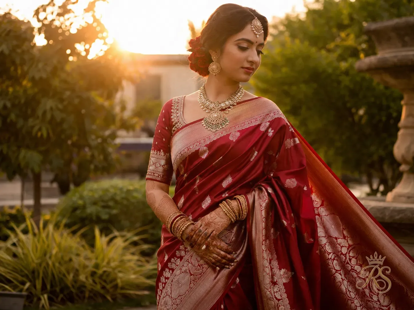 Bride in red saree with beautiful drape photographed at golden hour