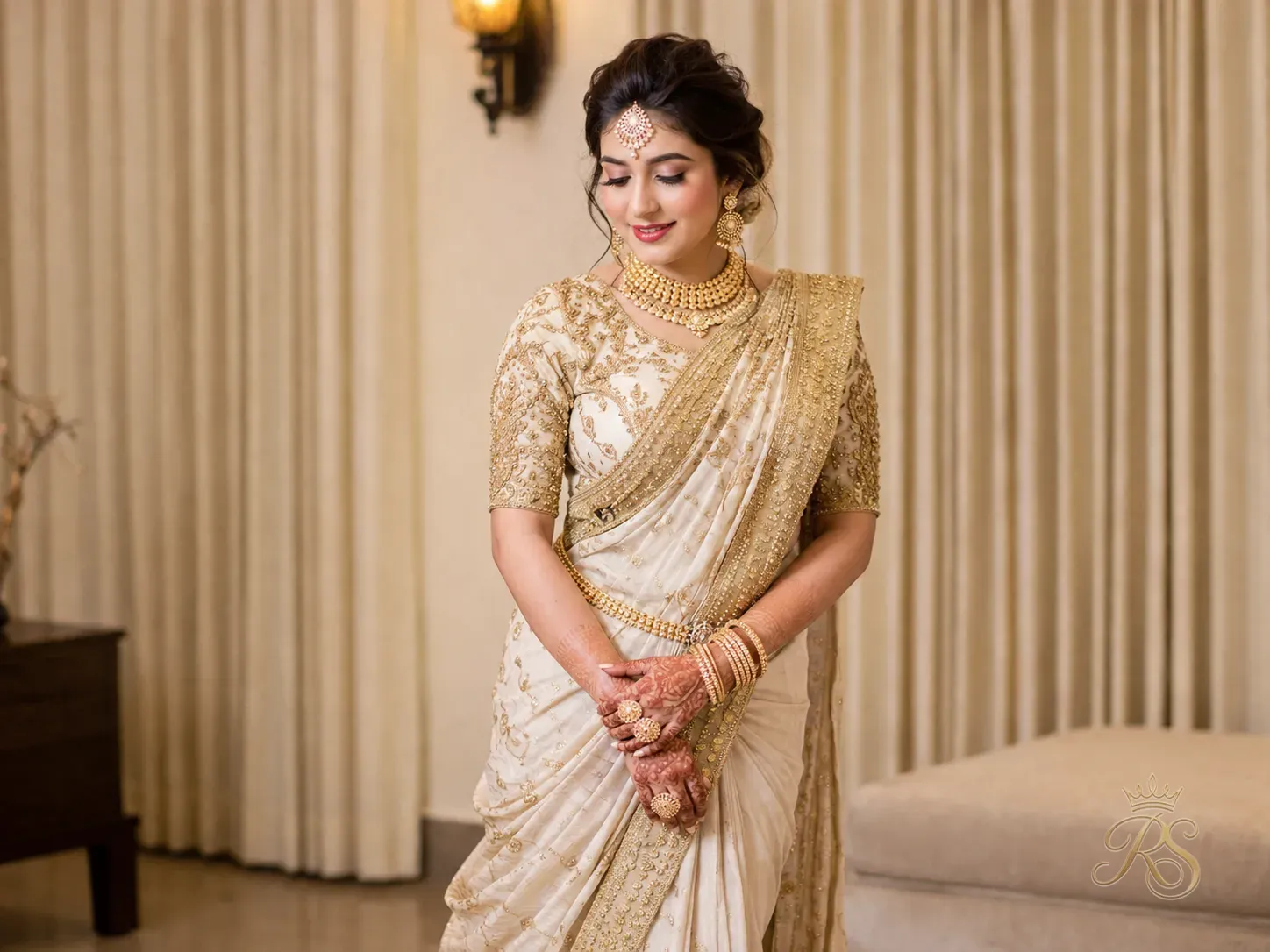 Modern drape saree bridal look ivory and gold