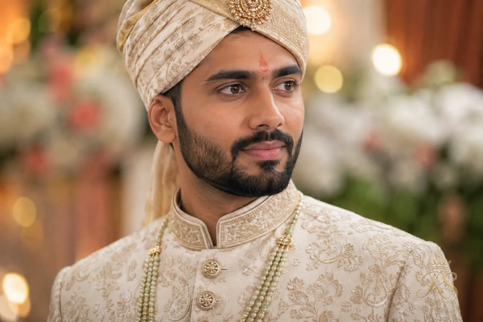 Close-up of a bandhgala-style stand collar with detailed button work