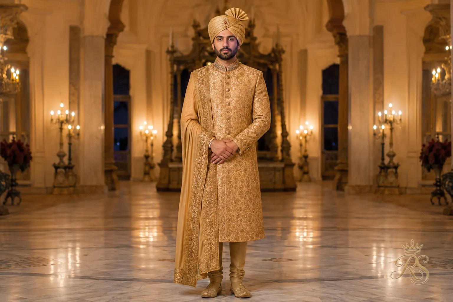 Groom in a classic straight-cut floor-length sherwani with traditional embroidery