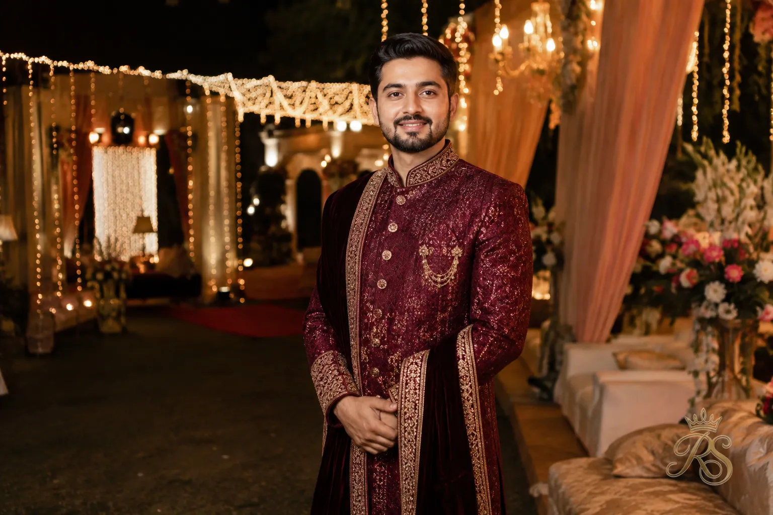 Groom in a deep maroon sherwani with gold embroidery for evening wedding