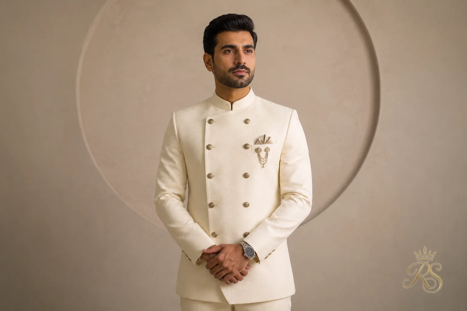 Groom in a double-breasted structured sherwani jacket