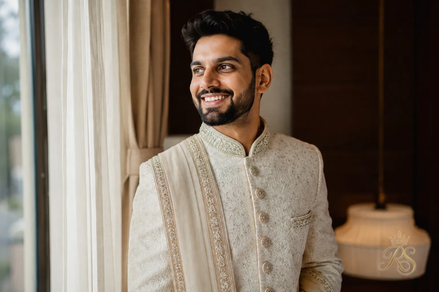 Final portrait of a groom in his finished sherwani in soft natural light
