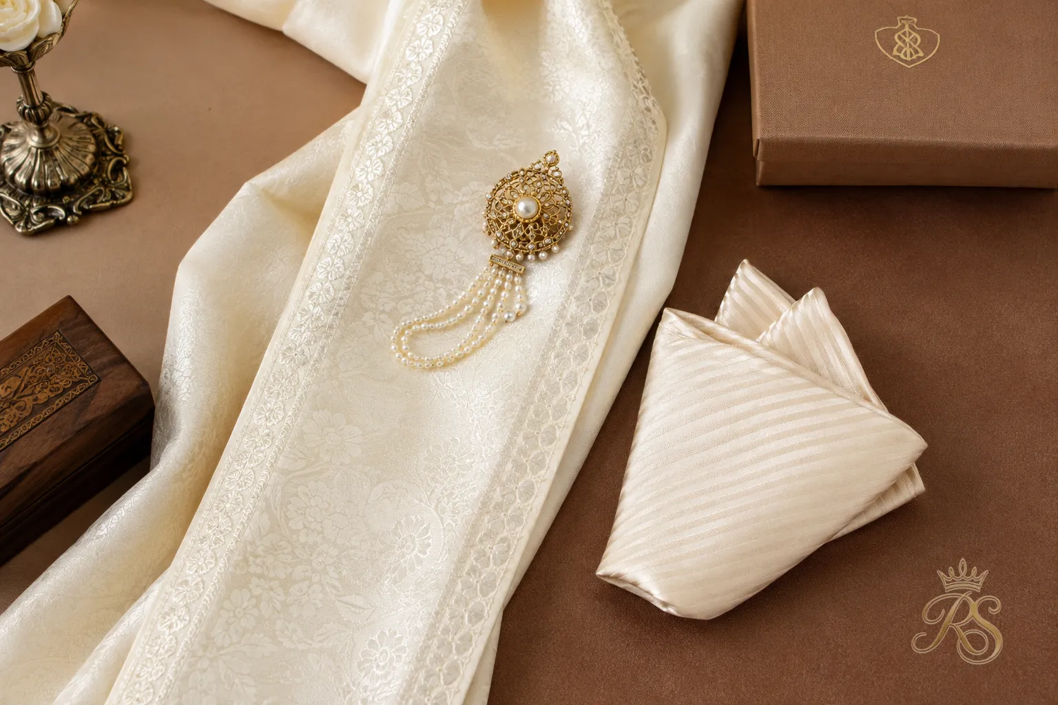 Flatlay of groom wedding accessories including a stole, brooch, and pocket square