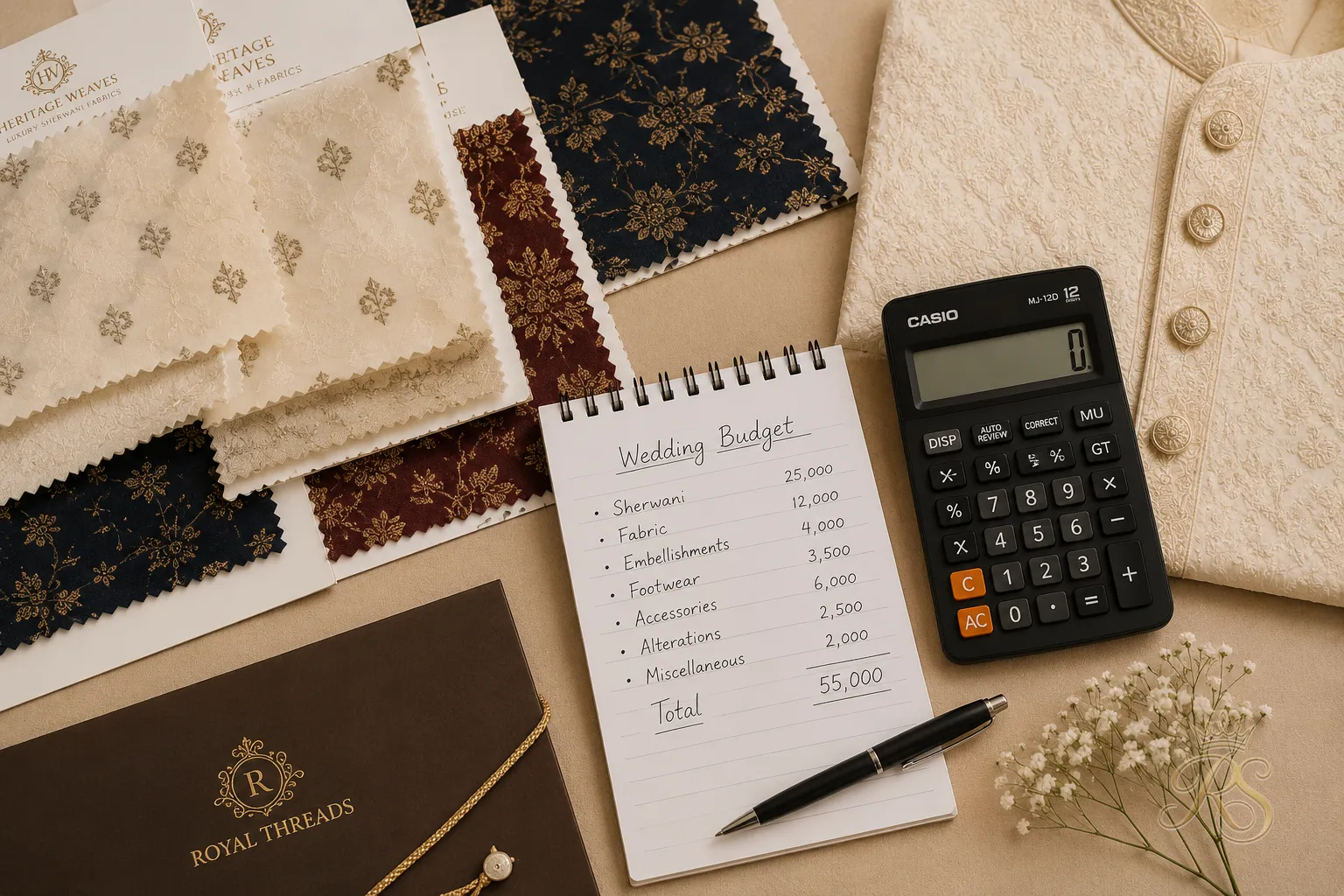 Flatlay of sherwani fabric swatches, a notepad, and calculator for budget planning