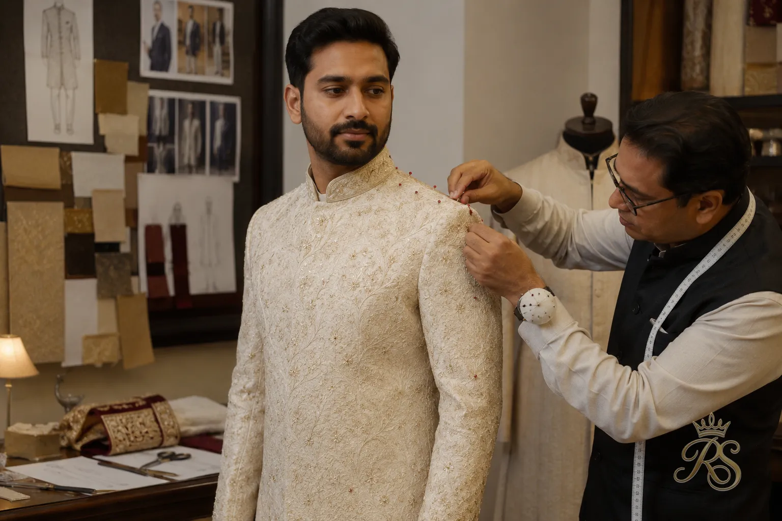 Tailor fitting a groom for a custom sherwani in a design studio