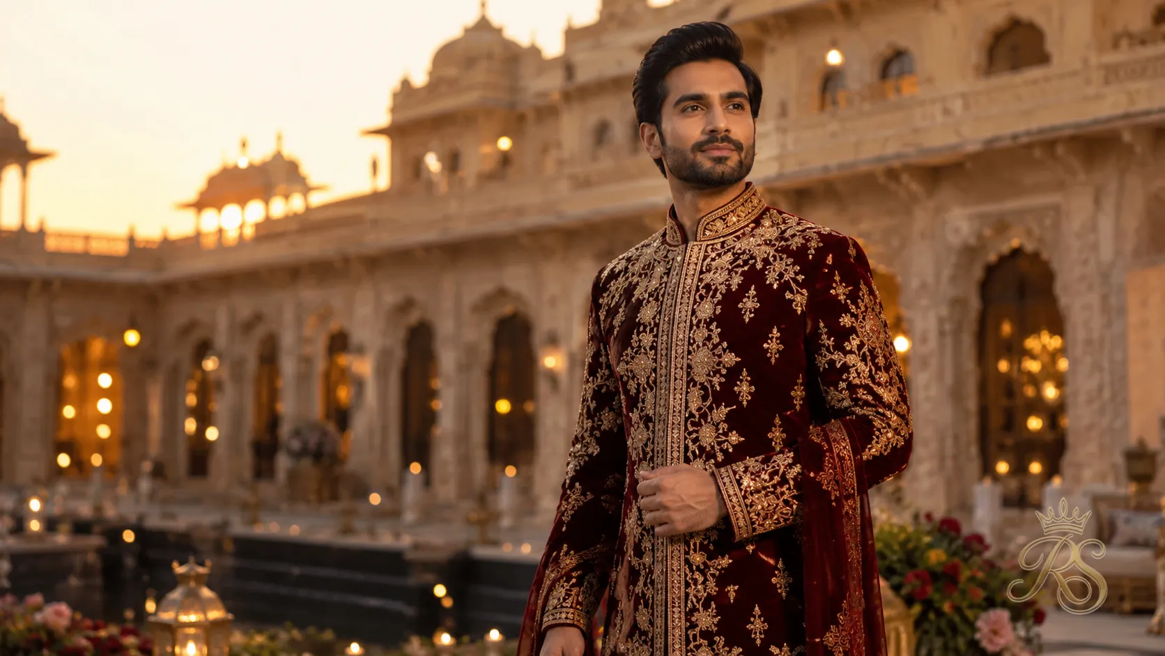 Groom in a richly embroidered maroon sherwani standing in golden evening light