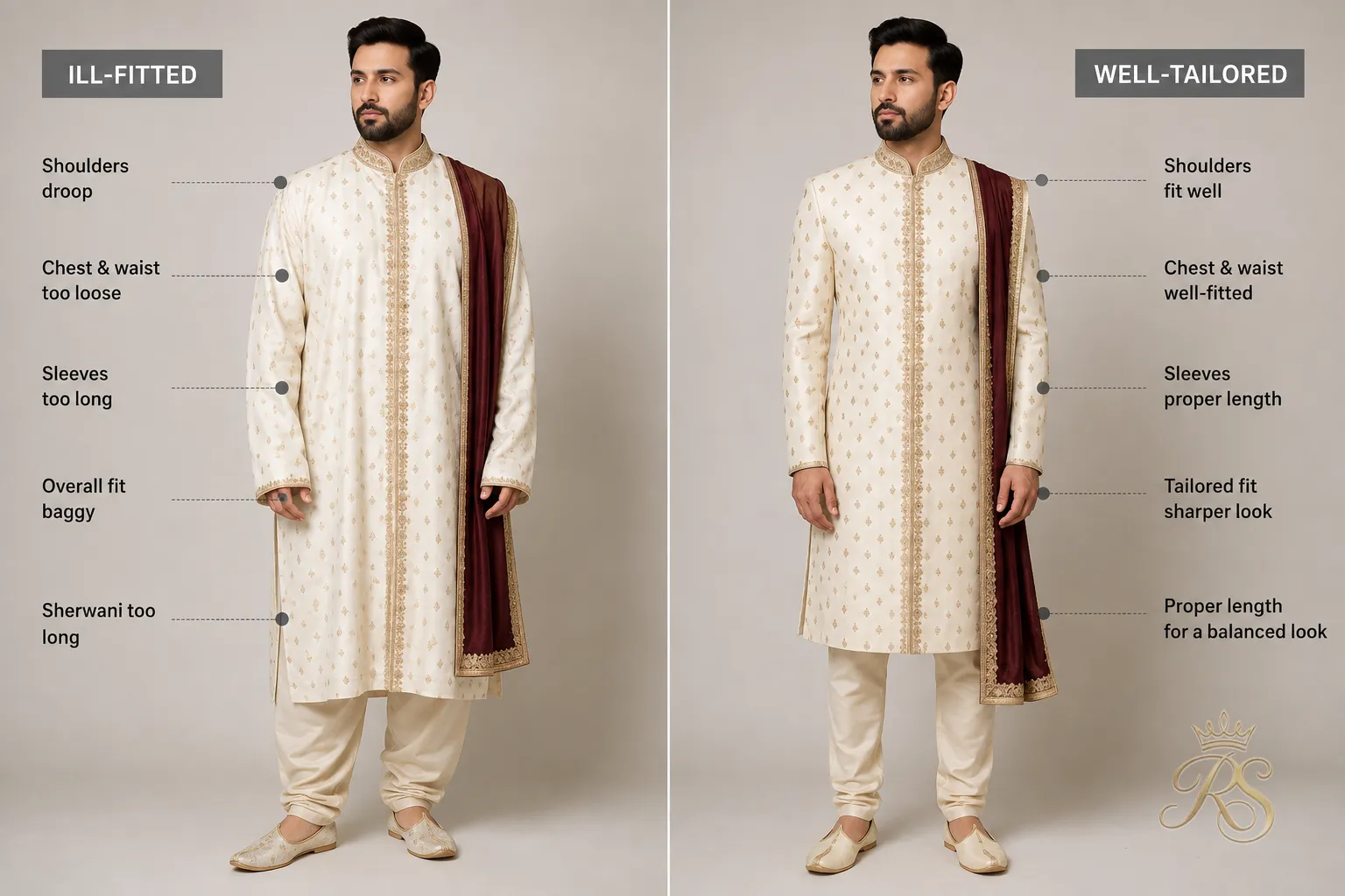 Side-by-side comparison of an ill-fitted versus a properly tailored groom sherwani