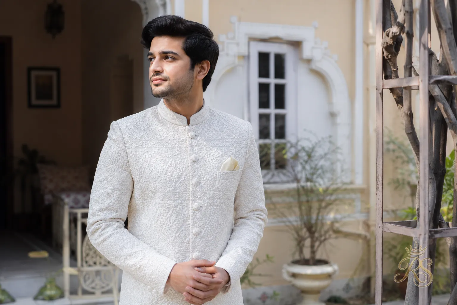 Groom in a Lucknowi chikankari embroidered sherwani