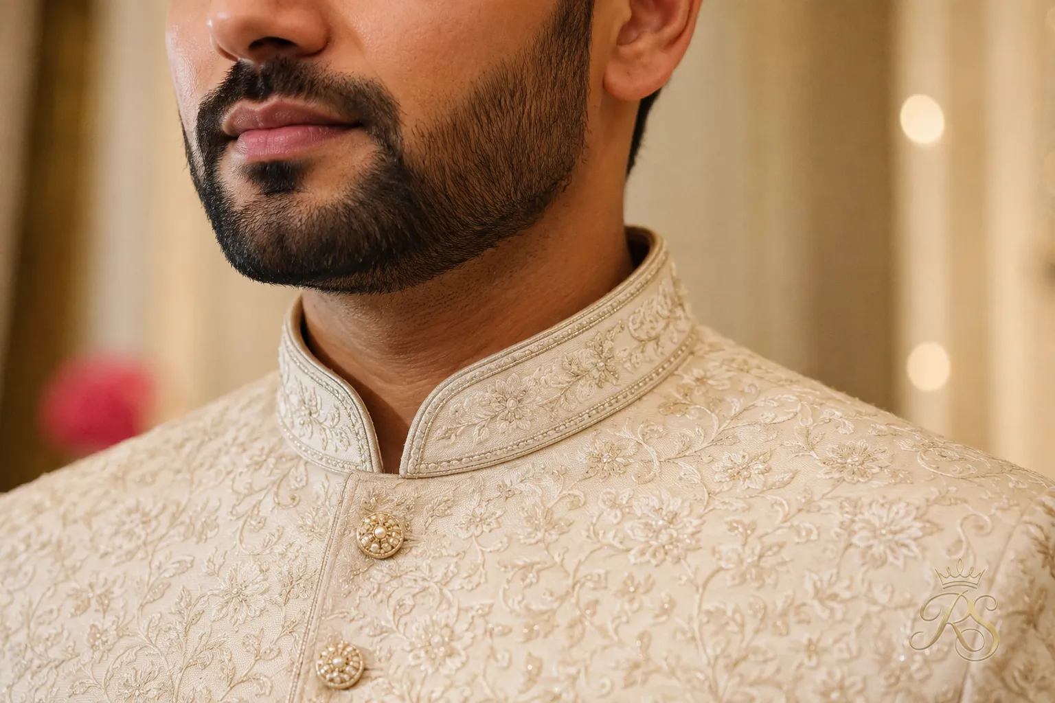 Close-up of a mandarin collar on a groom's wedding sherwani
