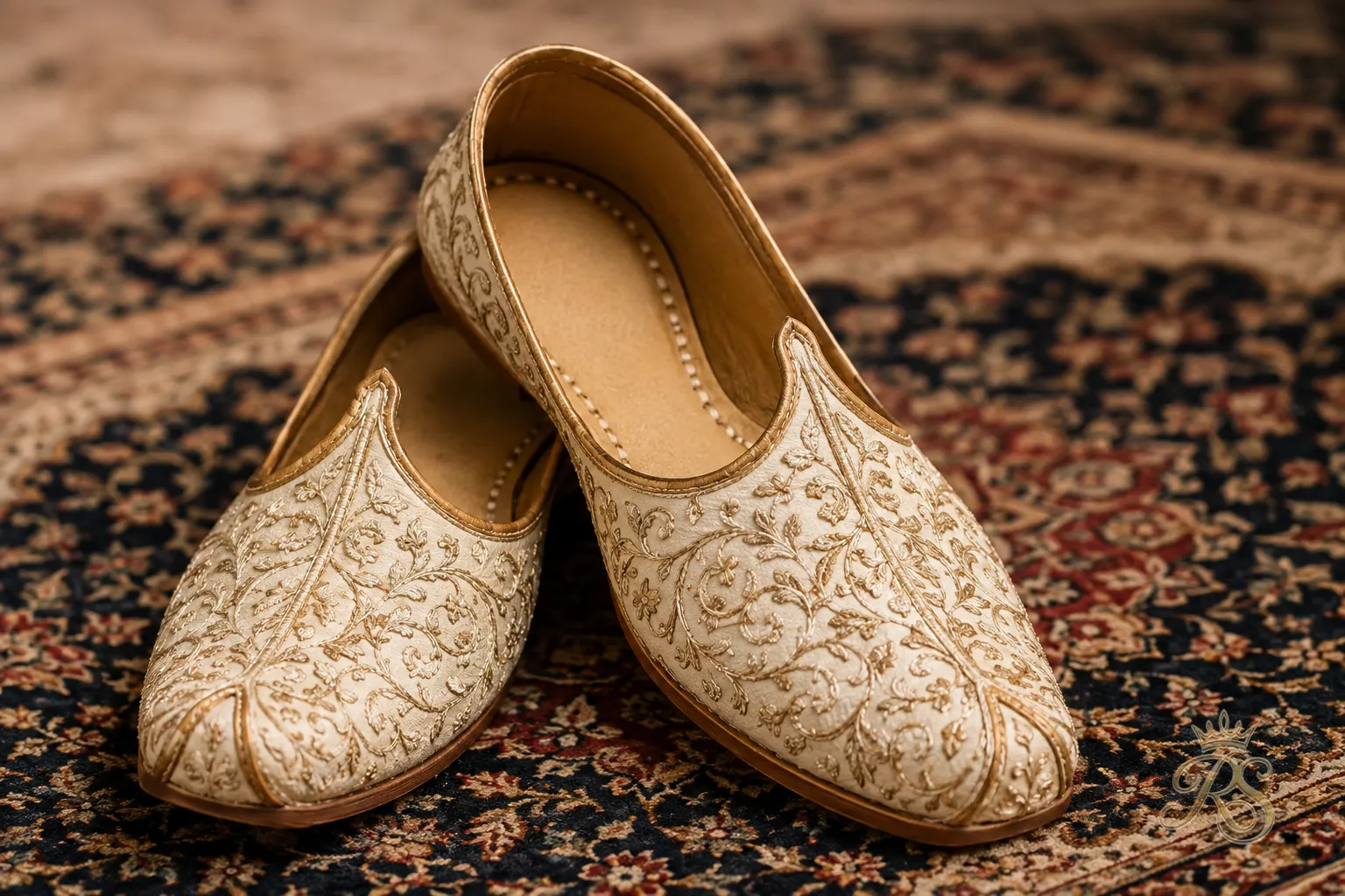 Traditional embroidered mojari juti footwear for groom wedding outfit