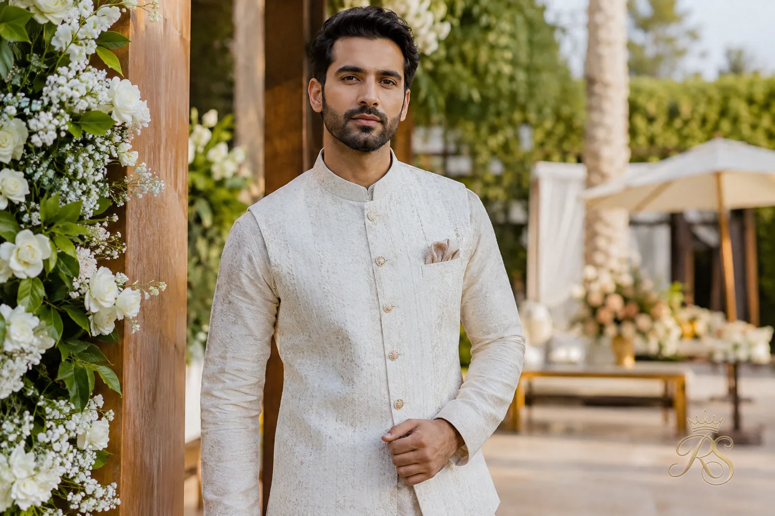 Groom wearing a Nehru jacket layered over a kurta and sherwani base