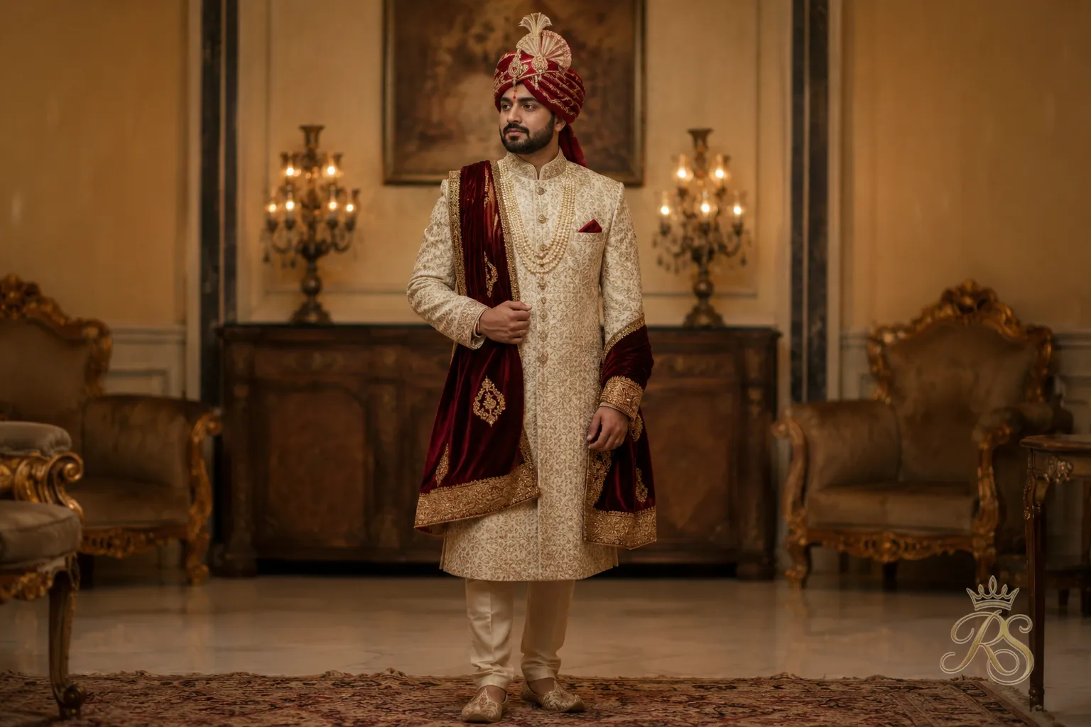 Punjabi groom in a sherwani with a traditional turban and kalgi