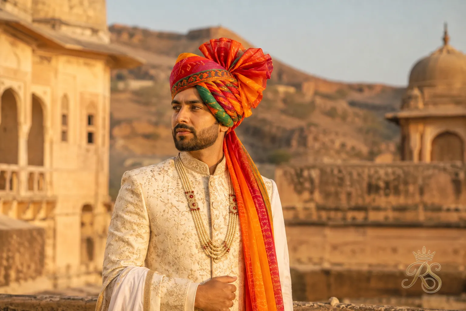 Rajasthani groom in a sherwani paired with a colorful safa headwear
