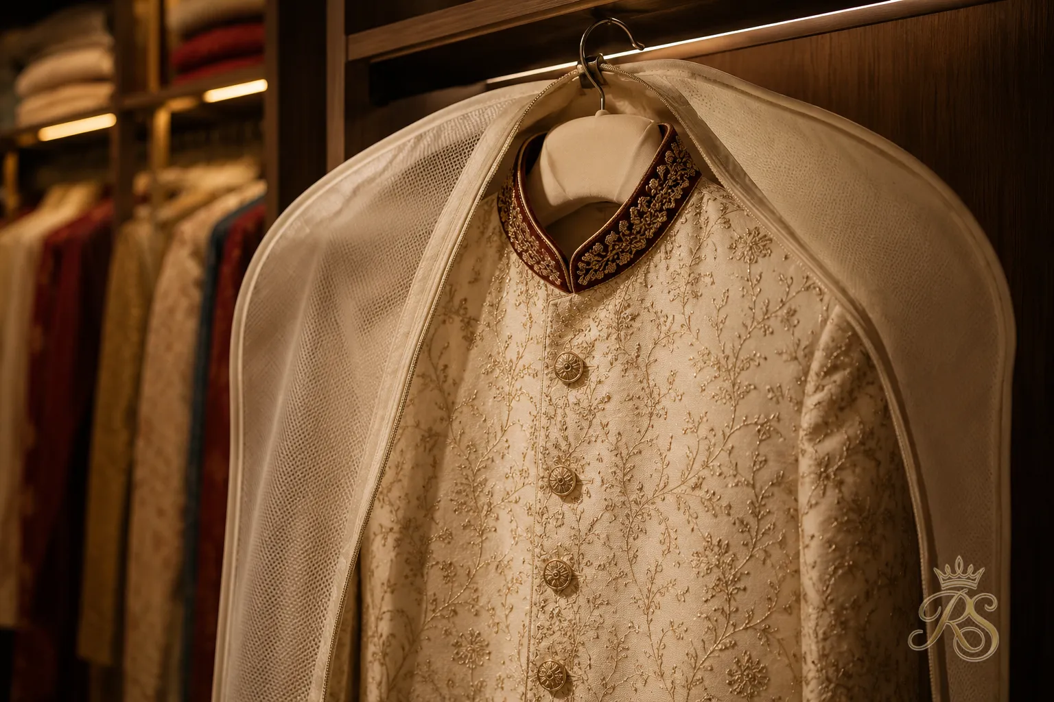Sherwani stored on a padded hanger inside a breathable garment cover