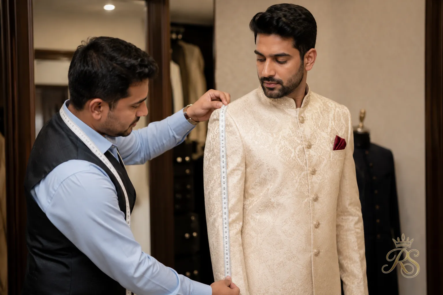 Tailor measuring a groom's shoulders and sleeve length for a sherwani fitting