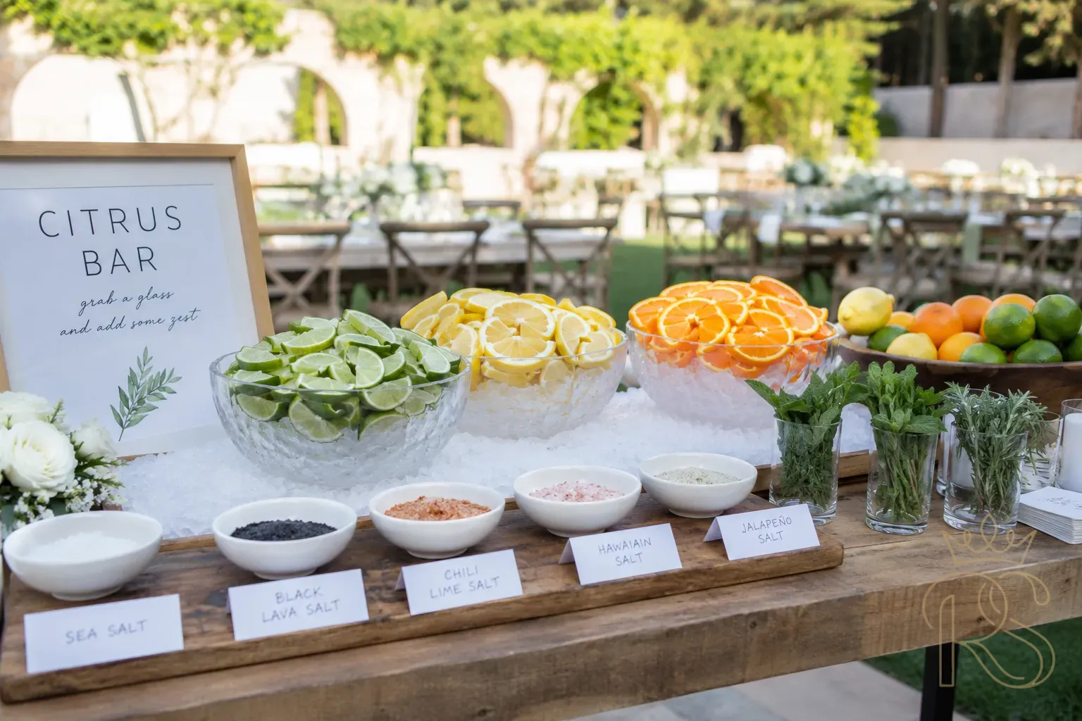 Beautiful wedding citrus bar setup with sliced lemons, limes, and oranges displayed in ice-filled bowls, flavoured salts in small dishes, fresh herb garnishes, elegant outdoor summer wedding setting
