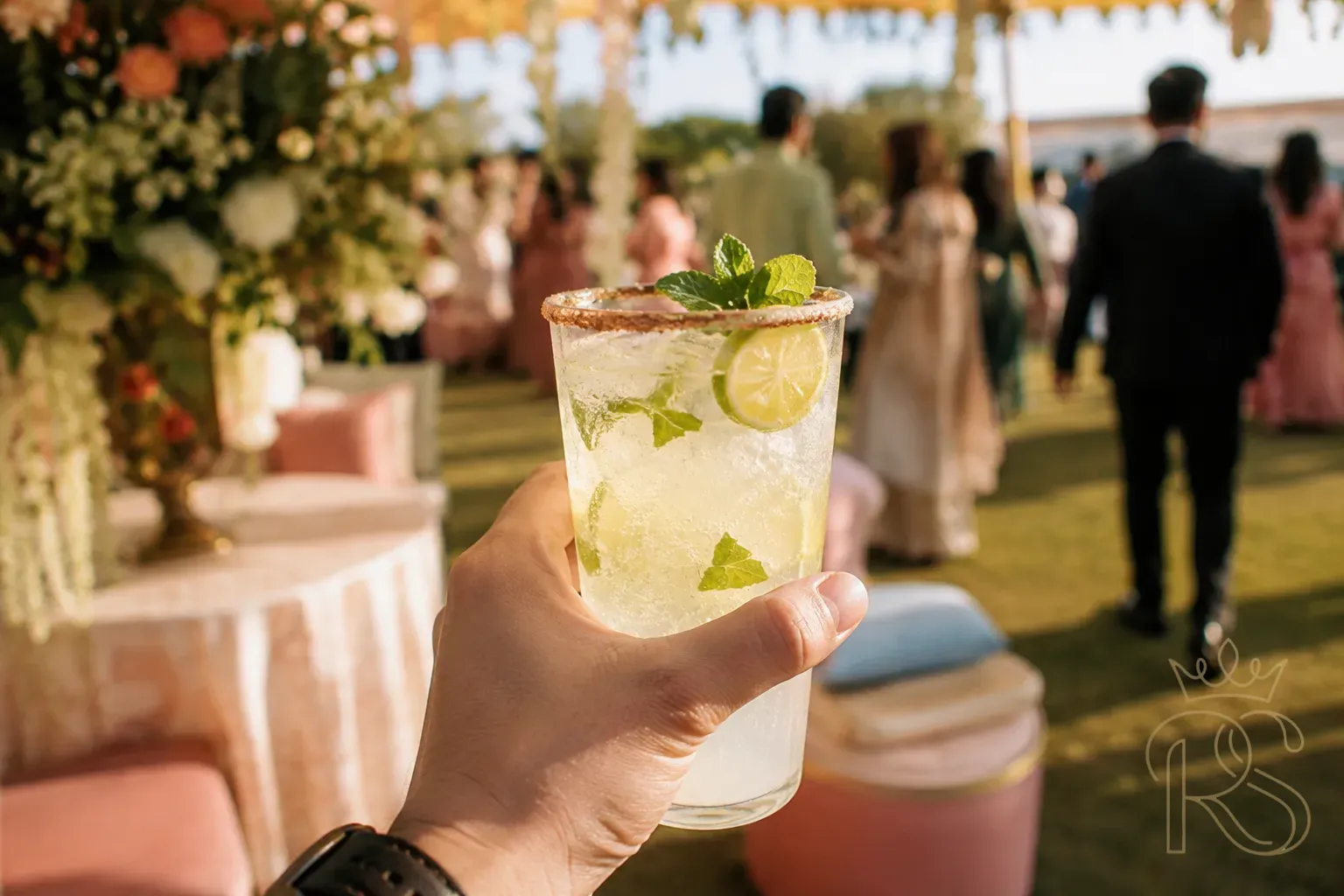 Tall glass of elevated nimbu pani with fresh lime, mint, black salt rim and sparkling water, held by a guest at an outdoor summer wedding reception in warm golden light