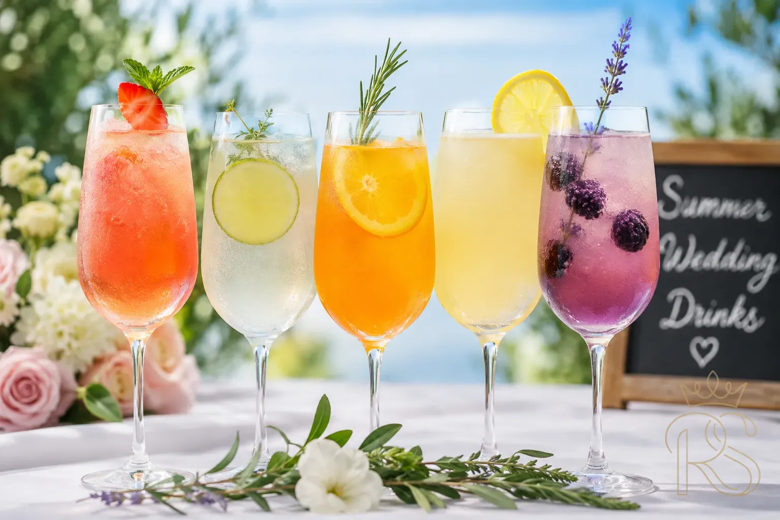 Elegant summer wedding drink station with colourful sherbets, floral mocktails, and fresh garnishes at a sunlit outdoor Indian wedding reception