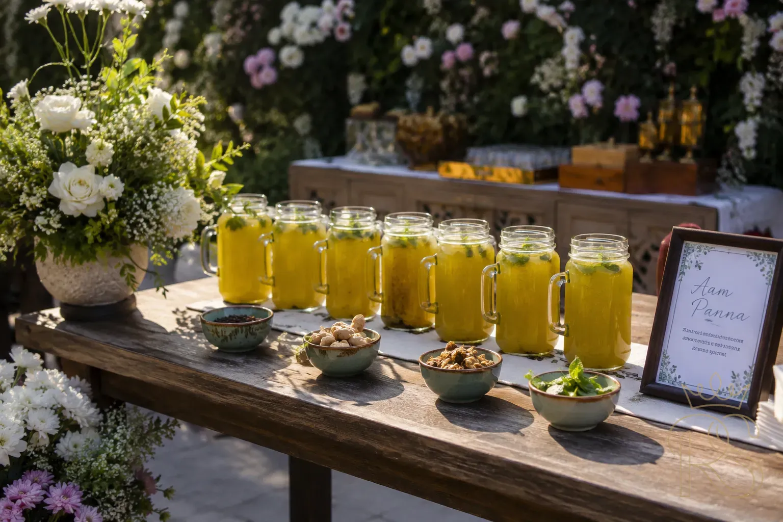 Elegant outdoor wedding drinks station with mason jars of aam panna lined up with mint garnish, dried spices in small bowls beside them, floral backdrop, summer afternoon light