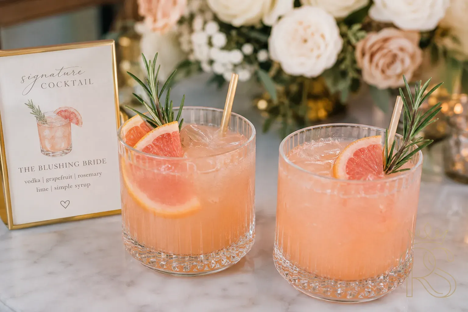 Two matching signature wedding cocktails in elegantly branded glassware, garnished with edible gold, fresh flowers, and personalised cocktail picks with the couple's names, displayed on a styled bar counter at an Indian wedding reception