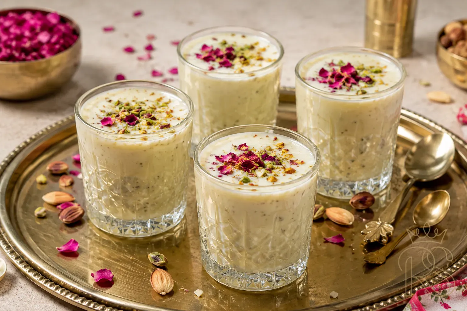 A beautifully styled glass of creamy thandai-inspired milk punch topped with crushed pistachios, saffron strands, and edible rose petals, on a marble surface at a wedding reception
